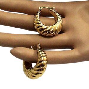 24K Gold Plated Rib Lined Hoop Pierced Post Earrings 32mm Long Thick Band